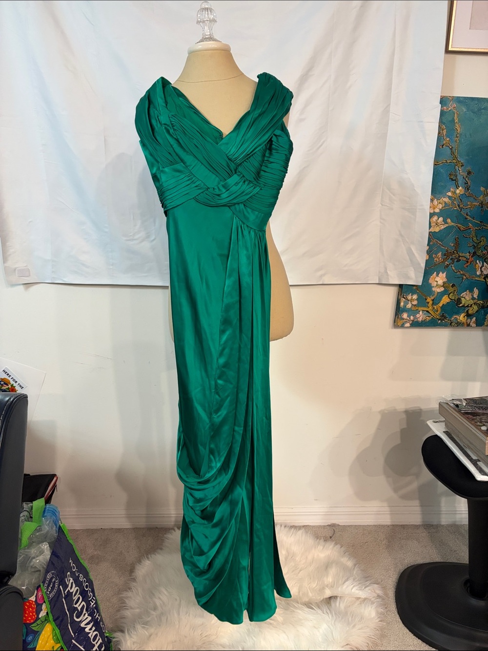 Emerald Draped Maxi Dress with Twisted Bodice